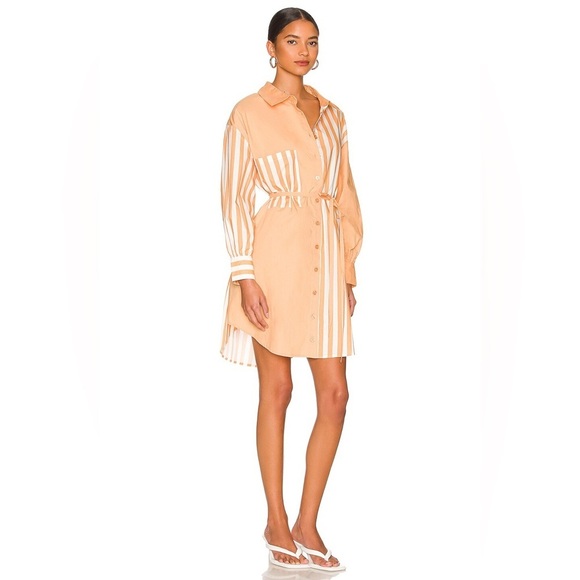 Revolve Ena Pelly Bree Cotton Oversize Shirt Mini Dress with Tie - Melon Stripe - Picture 4 of 7